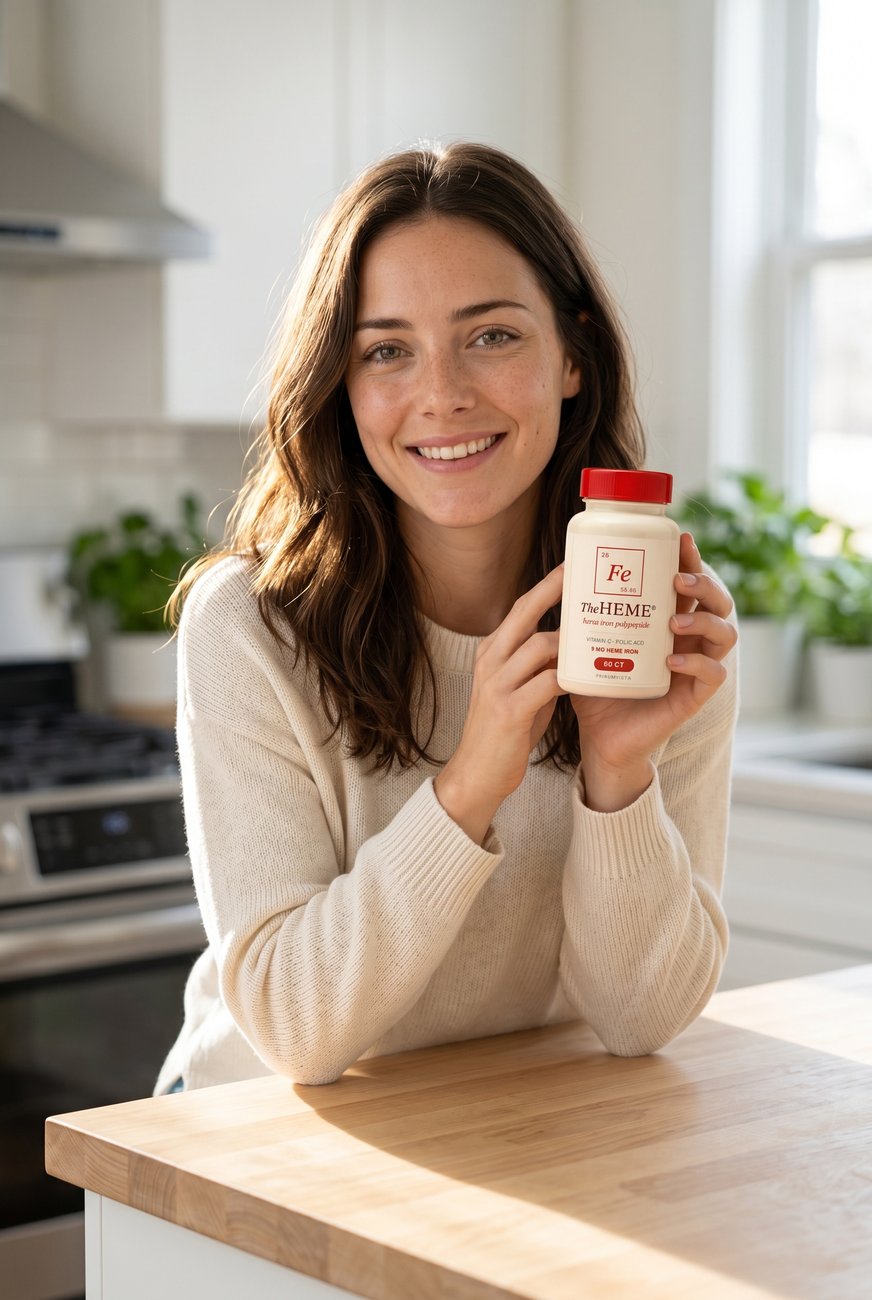 A woman in her kitchen holding TheHEME&reg; heme iron polypeptide bottle